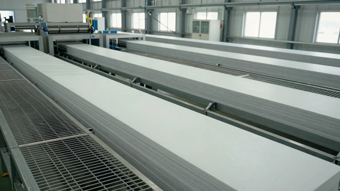Wide environmental view of an operating polymer extrusion plant with cooling racks and stacked sheet stock, clean even f