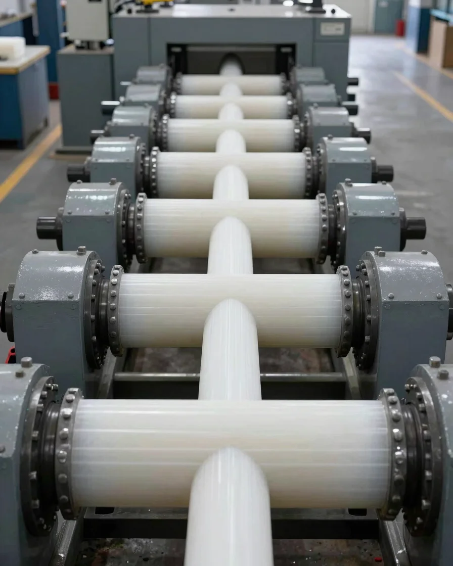 Industrial documentary photography, close view of an extrusion barrel and heating zones with a continuous rod profile ex