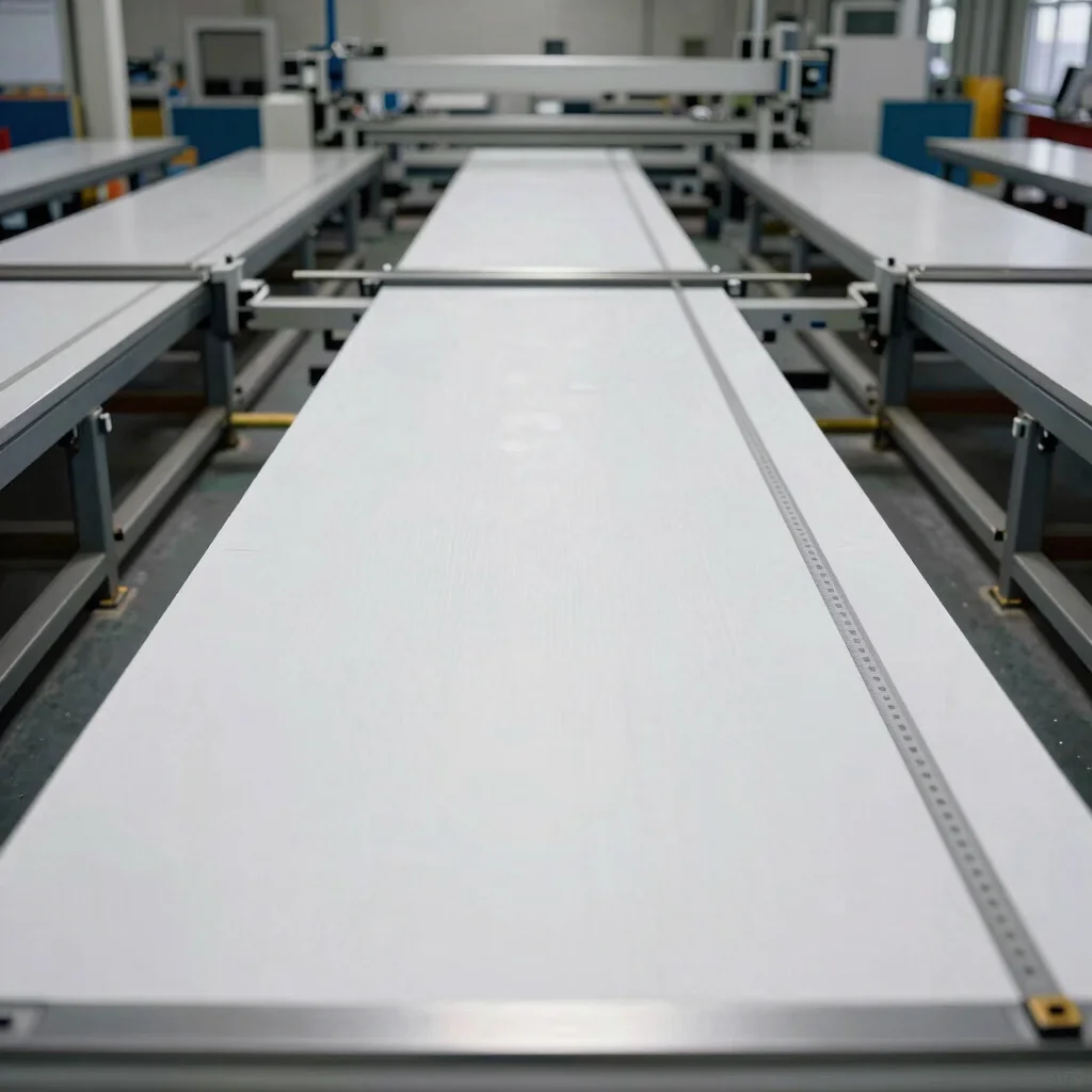 Industrial documentary photography, cutting table with sheet and rod stock being measured and trimmed, clean factory day