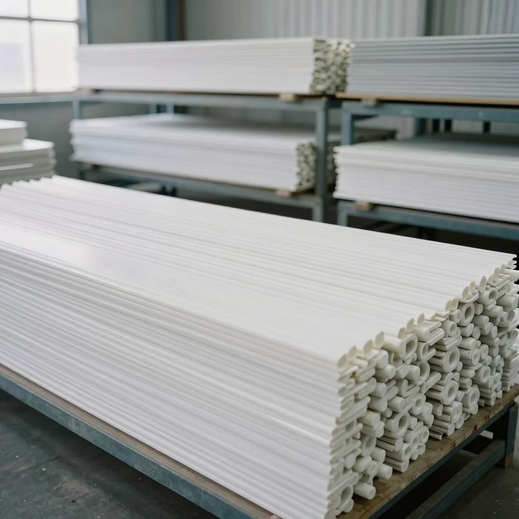 Industrial documentary photography, finished POM, PP, and PE rod and sheet inventory stacked on racks in a storage bay,