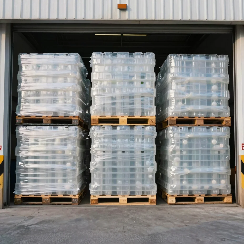 Industrial documentary photography, loading bay with palletized plastic stock staged for freight and container dispatch,
