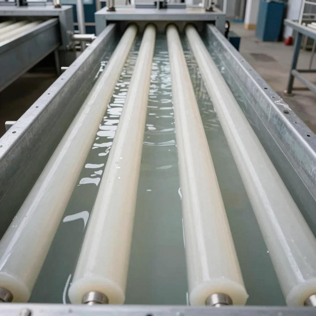Industrial documentary photography, straight-on view of rod cooling troughs with continuous polymer rods in clean water,